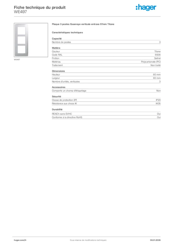 Image Hager Fiche technique du produit WE497 | Hager France