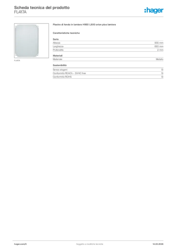 Immagine Hager Scheda tecnica del prodotto FL417A | Hager Italia