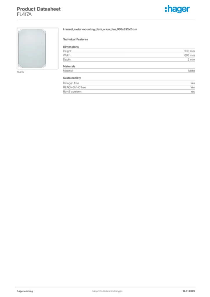 Image Hager Product data sheet FL417A  | Hager