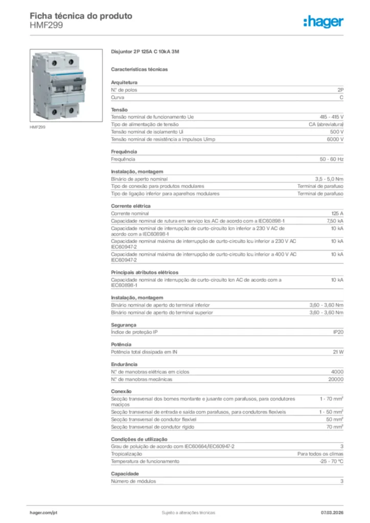 Imagem Hager Ficha técnica do produto HMF299 | Hager Portugal