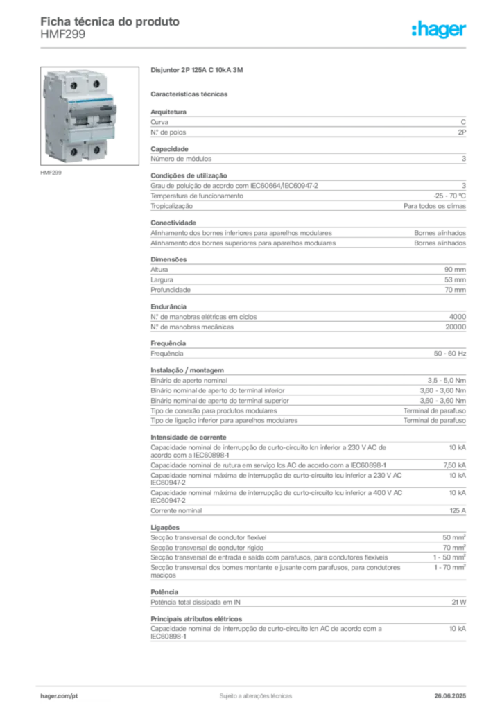 Imagem Hager Ficha técnica do produto HMF299 | Hager Portugal