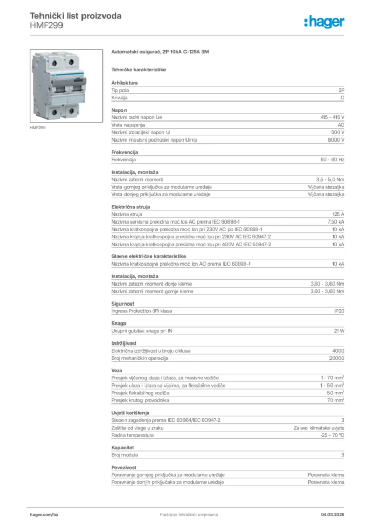 Slika Hager Tehnički list proizvoda HMF299  | Hager