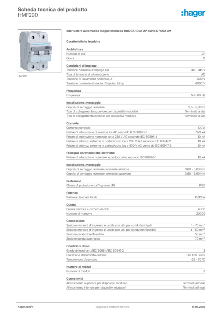 Immagine Hager Scheda tecnica del prodotto HMF290 | Hager Italia