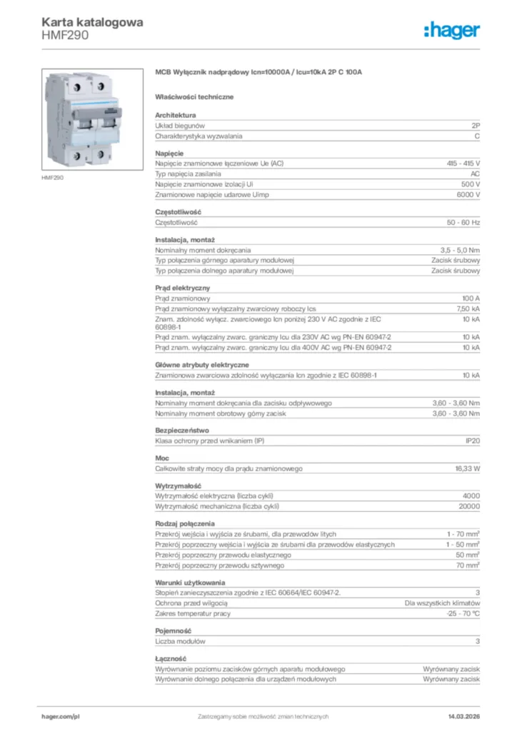 Zdjęcie Hager Karta katalogowa HMF290 | Hager Polska