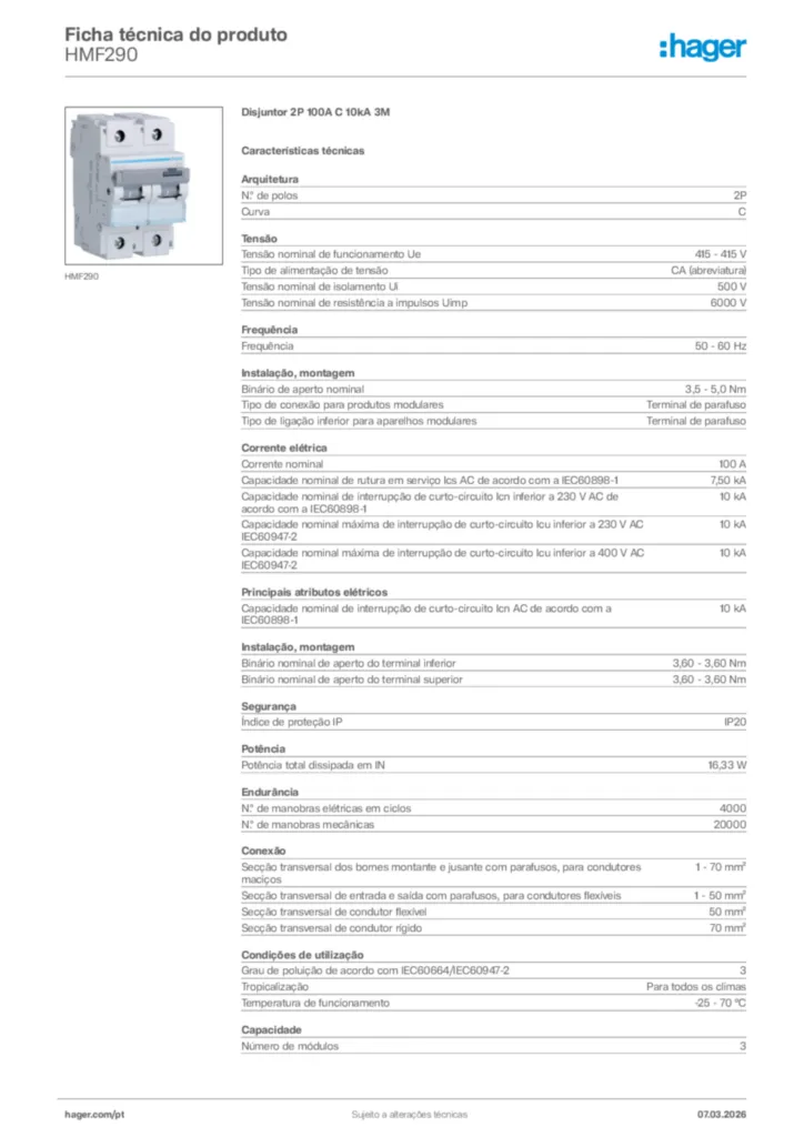 Imagem Hager Ficha técnica do produto HMF290 | Hager Portugal