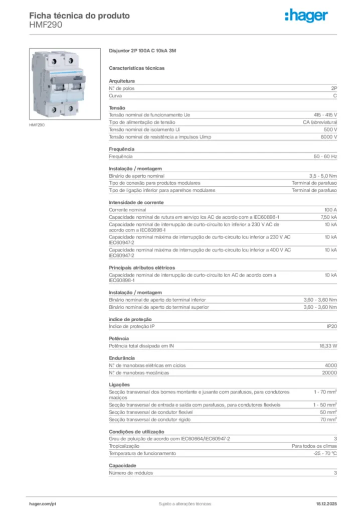 Imagem Hager Ficha técnica do produto HMF290 | Hager Portugal