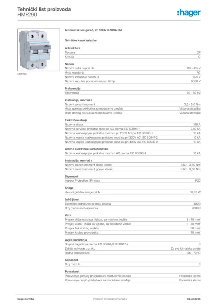 Slika Hager Tehnički list proizvoda HMF290  | Hager