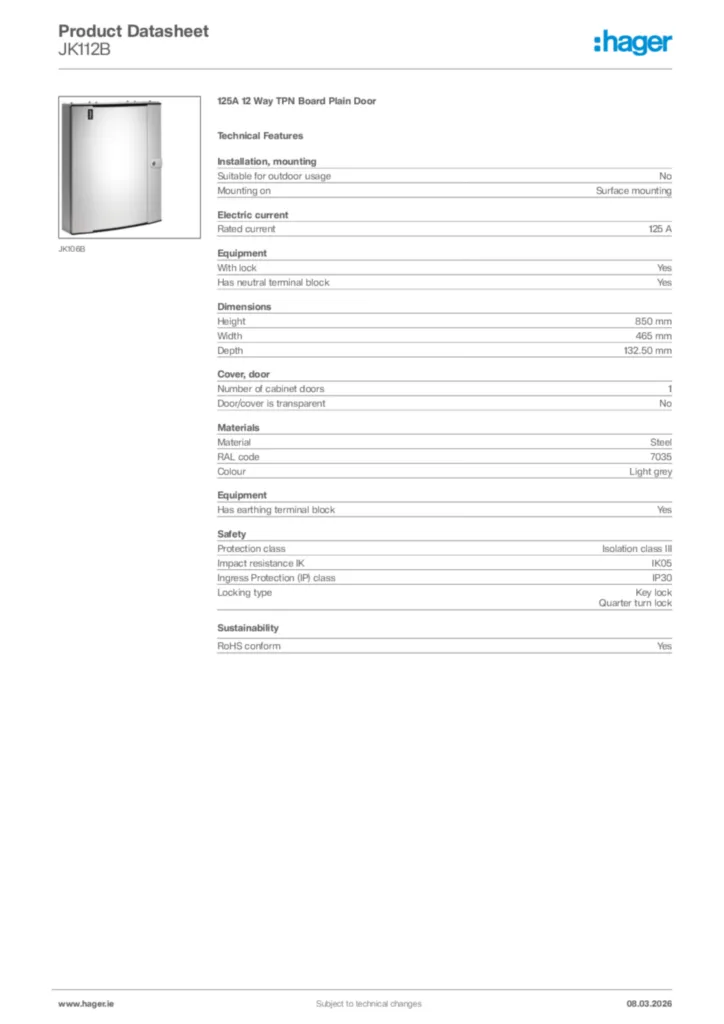 Image Hager Product data sheet JK112B  | Hager