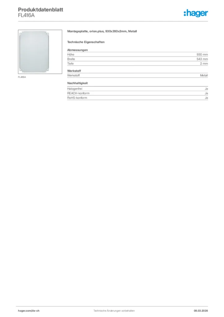 Bild Hager Produktdatenblatt FL416A | Hager Schweiz