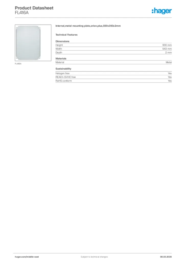 Image Hager Product data sheet FL416A  | Hager