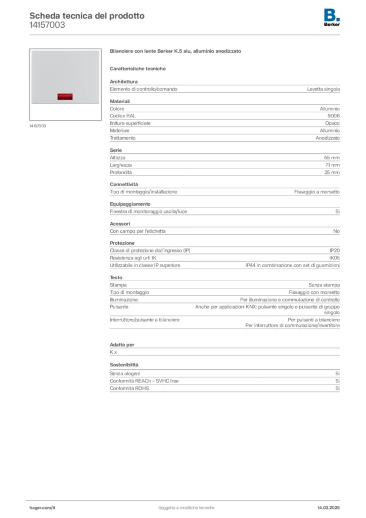 Immagine Berker Scheda tecnica del prodotto 14157003 | Hager Italia