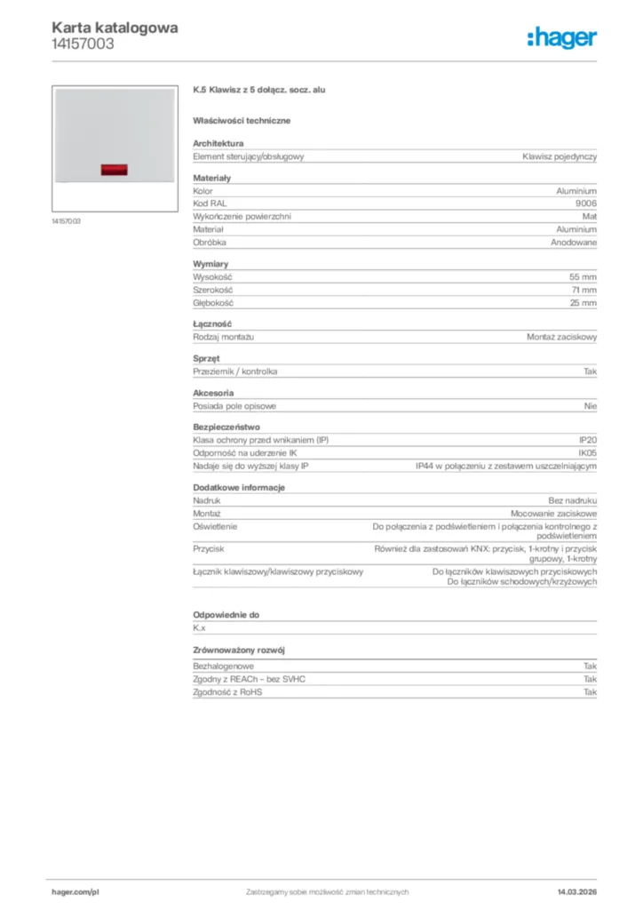 Zdjęcie Hager Karta katalogowa 14157003 | Hager Polska