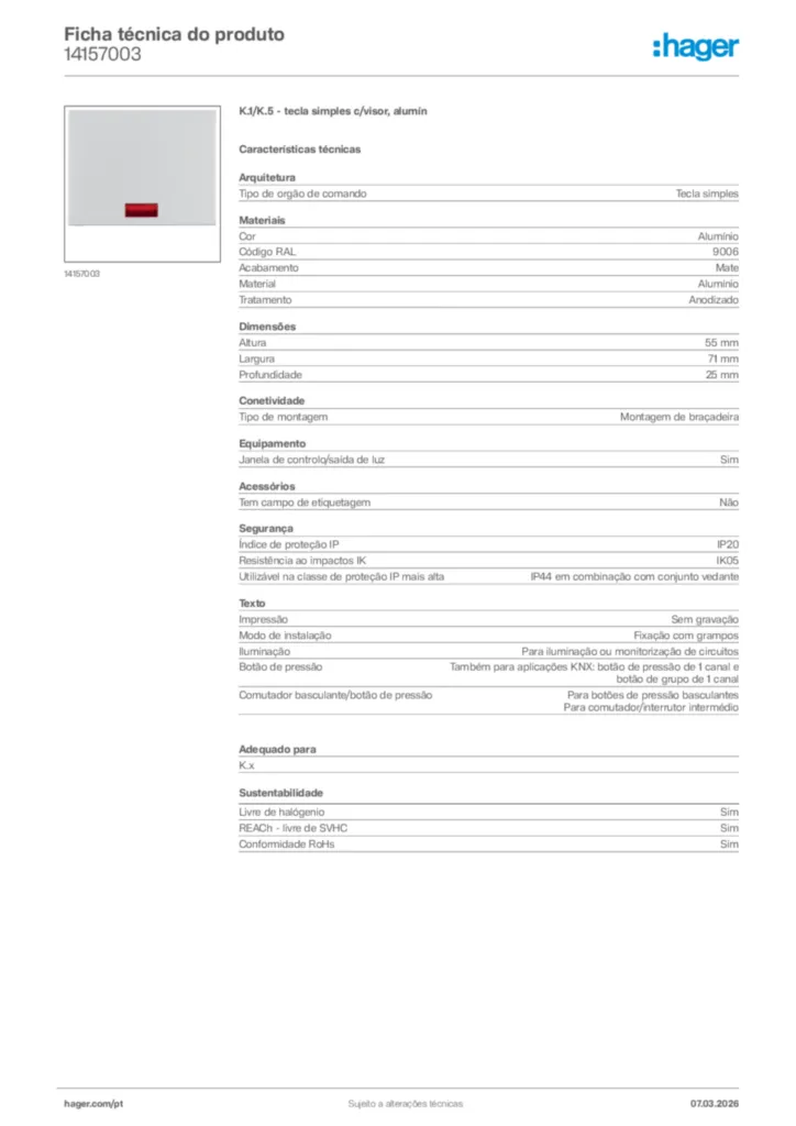 Imagem Hager Ficha técnica do produto 14157003 | Hager Portugal