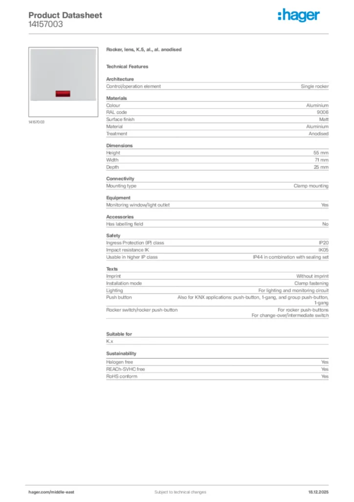 Image Hager Product data sheet 14157003  | Hager