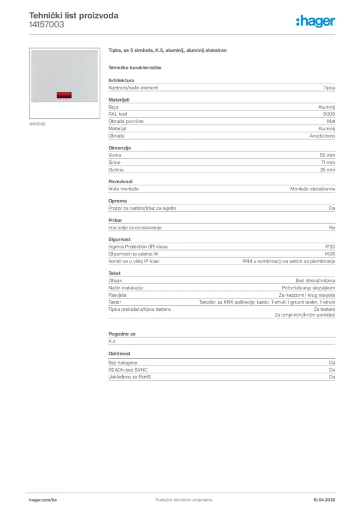 Slika Hager Tehnički list proizvoda 14157003  | Hager