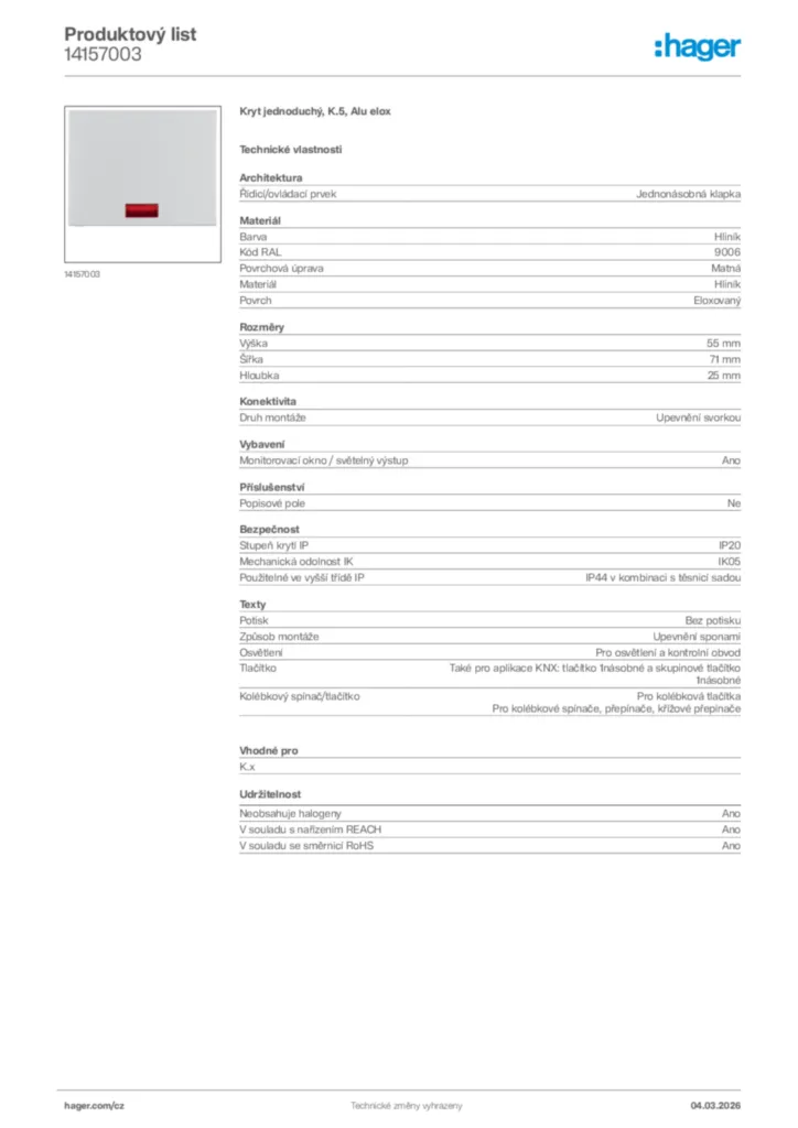 Obrázek Hager Product data sheet 14157003 | Hager