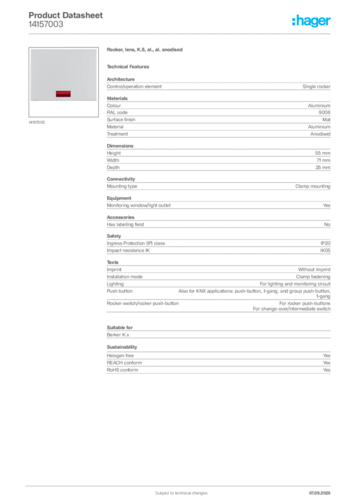 Image Hager Product data sheet 14157003  | Hager