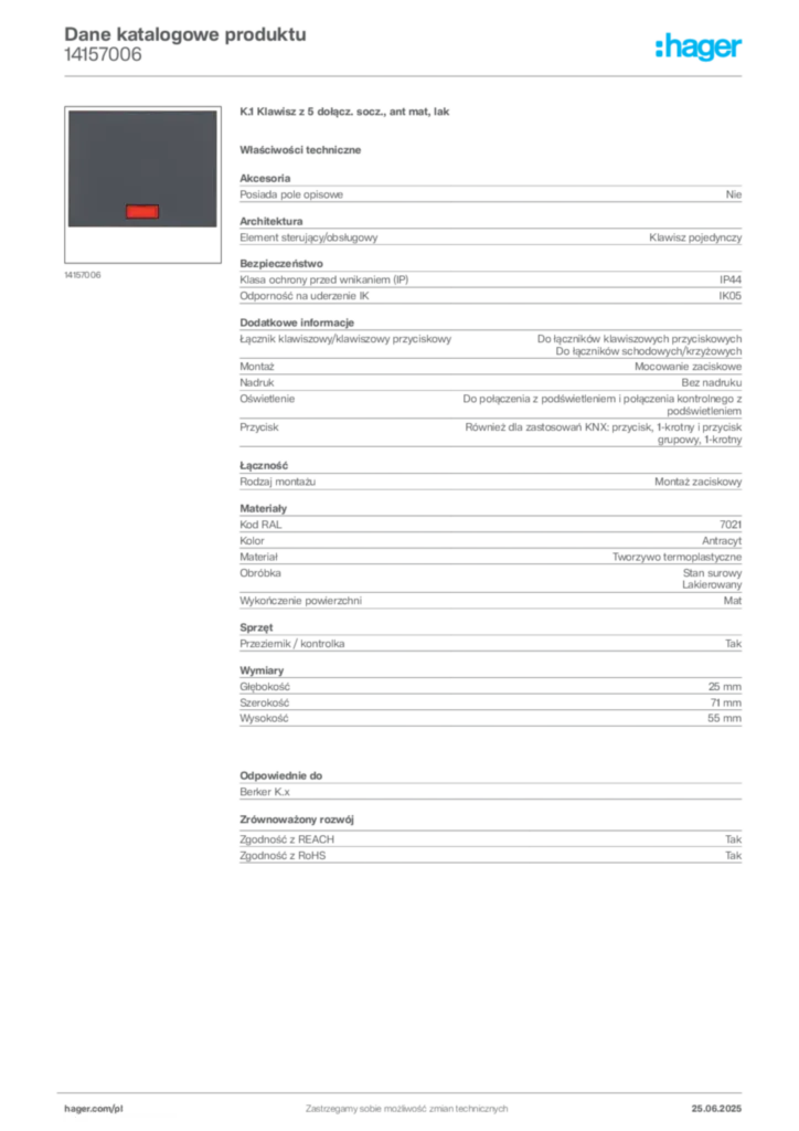 Zdjęcie Hager Karta katalogowa 14157006 | Hager Polska
