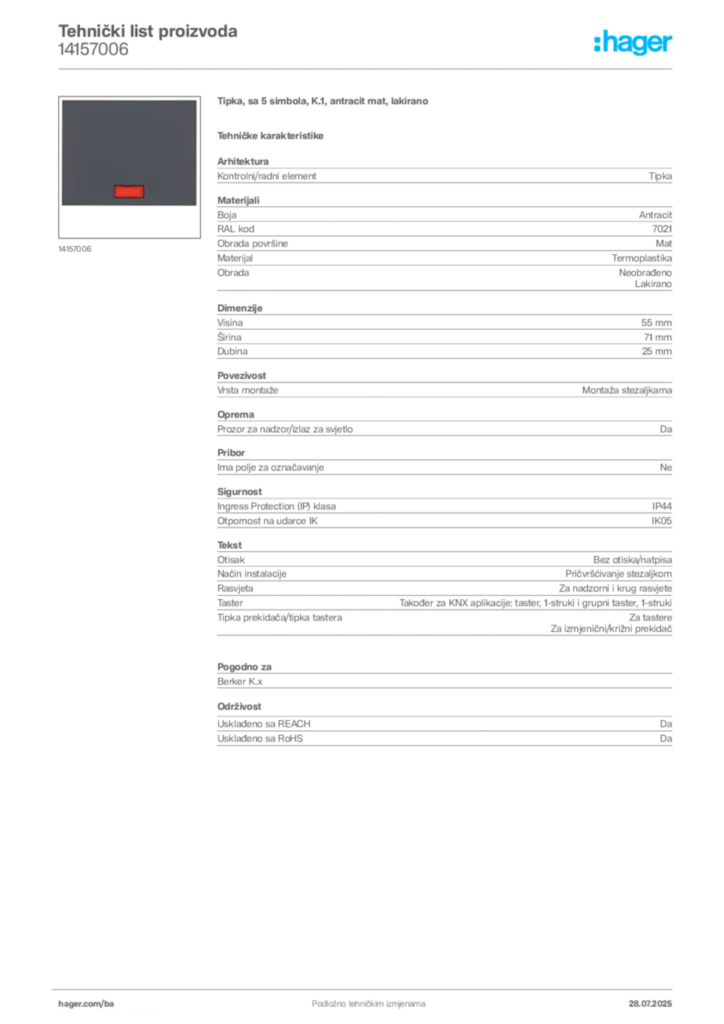 Slika Hager Product data sheet 14157006  | Hager