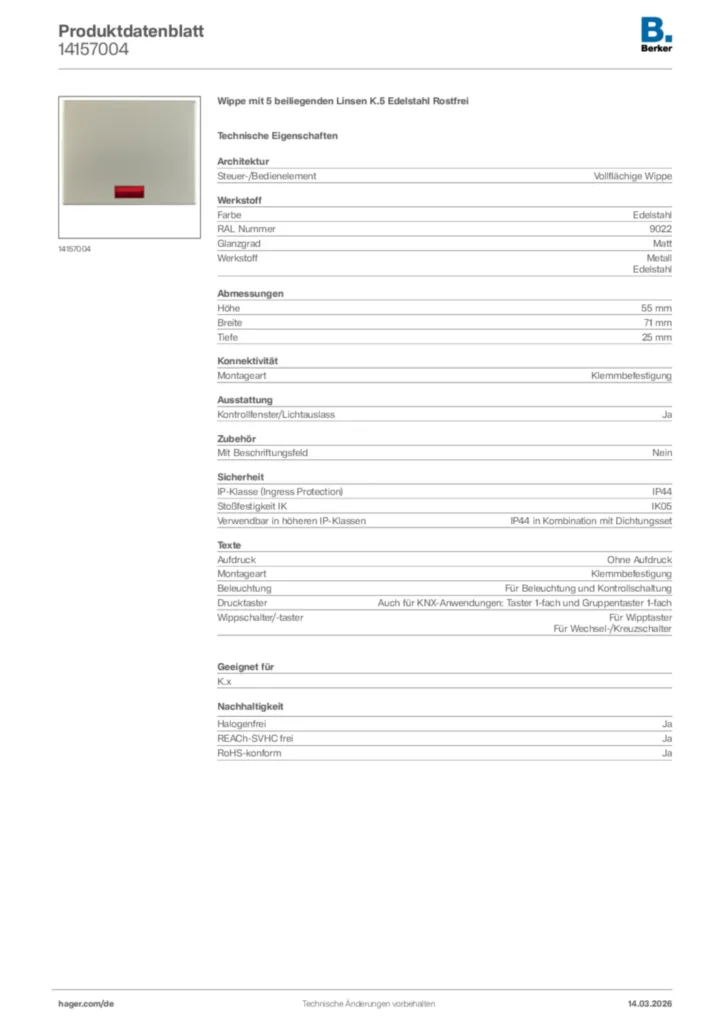 Bild Berker Produktdatenblatt 14157004 | Hager Deutschland