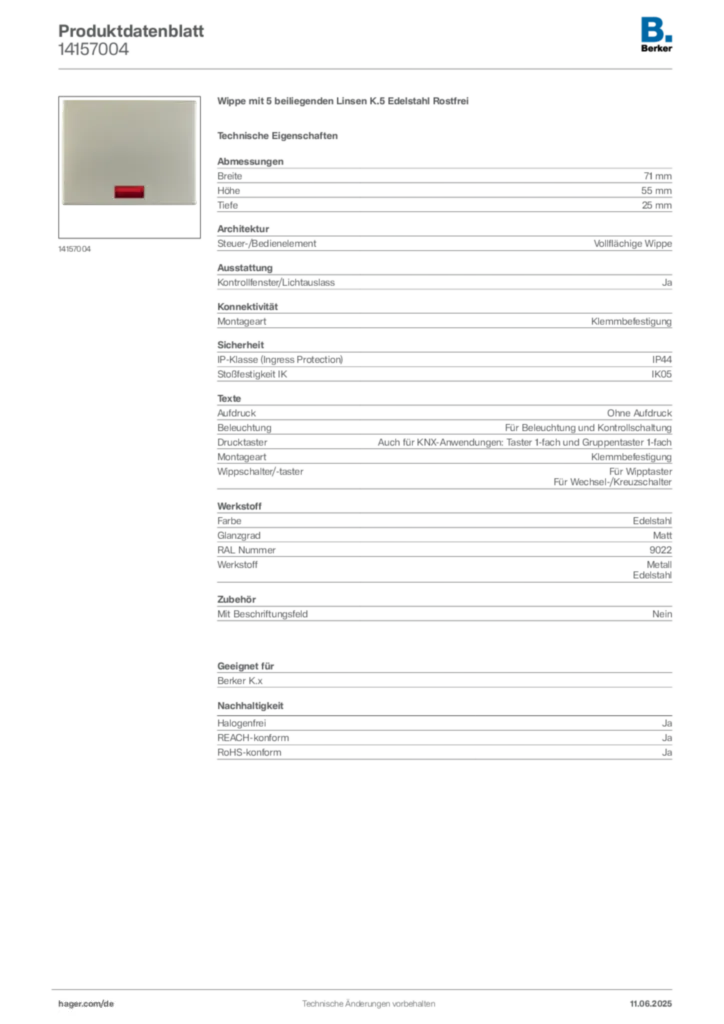 Bild Berker Produktdatenblatt 14157004 | Hager Deutschland