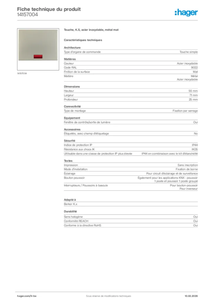 Image Hager Fiche technique du produit 14157004 | Hager Belgique