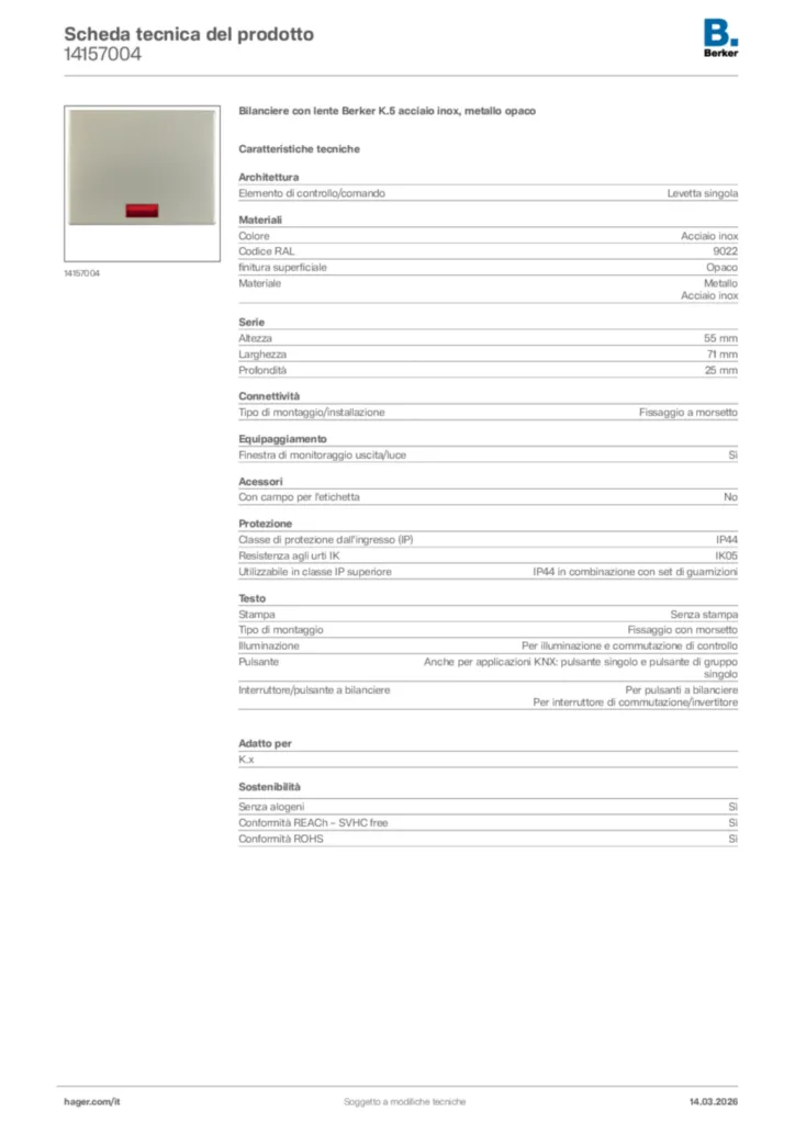 Immagine Berker Scheda tecnica del prodotto 14157004 | Hager Italia