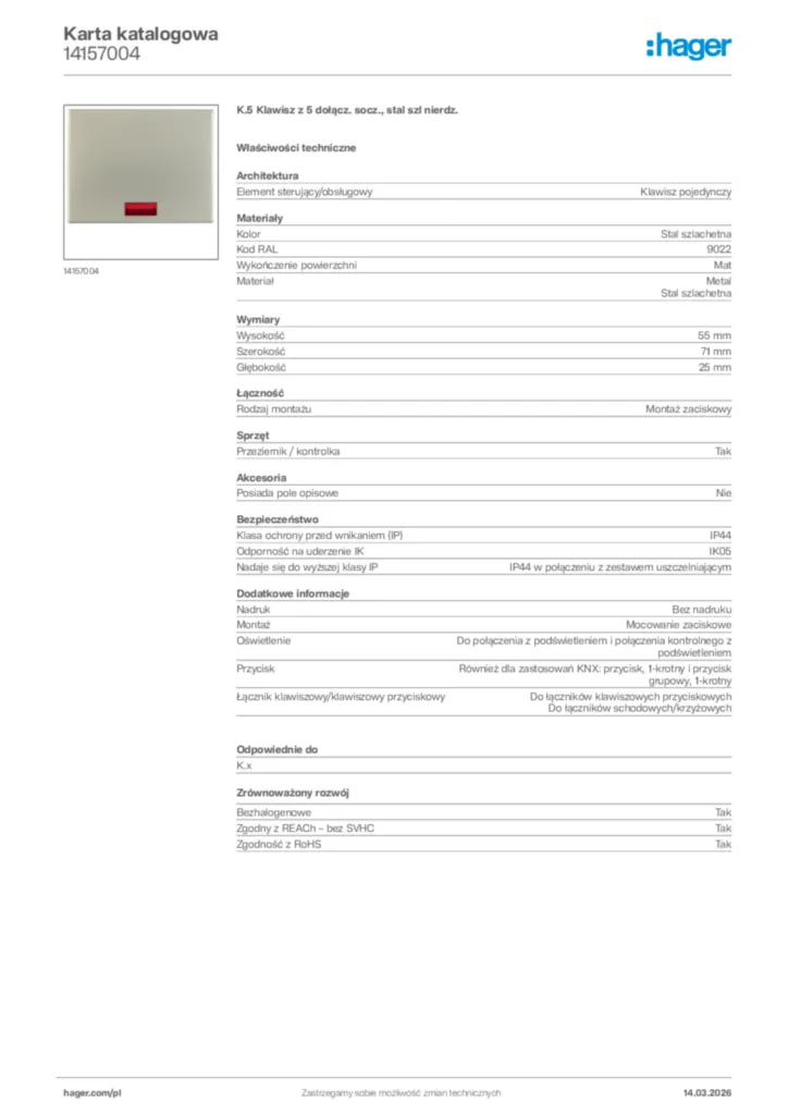 Zdjęcie Hager Karta katalogowa 14157004 | Hager Polska