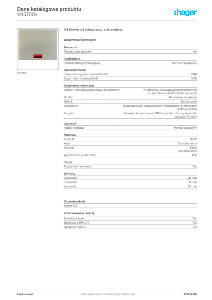 Zdjęcie Hager Karta katalogowa 14157004 | Hager Polska