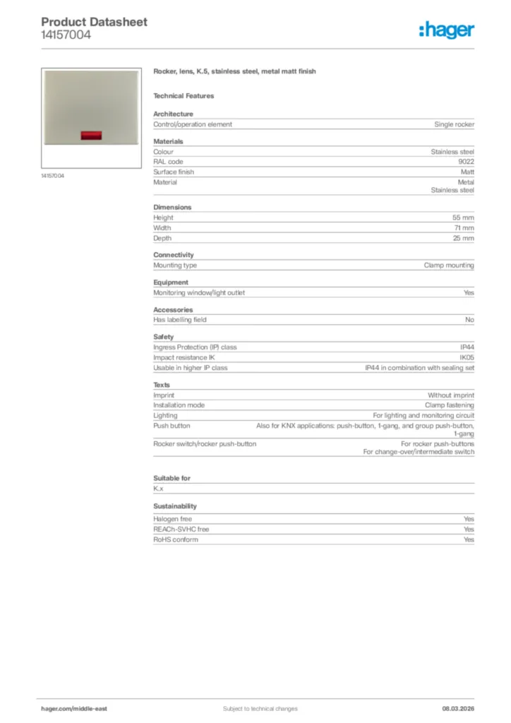 Image Hager Product data sheet 14157004  | Hager