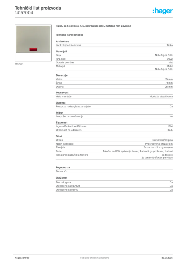 Slika Hager Product data sheet 14157004  | Hager