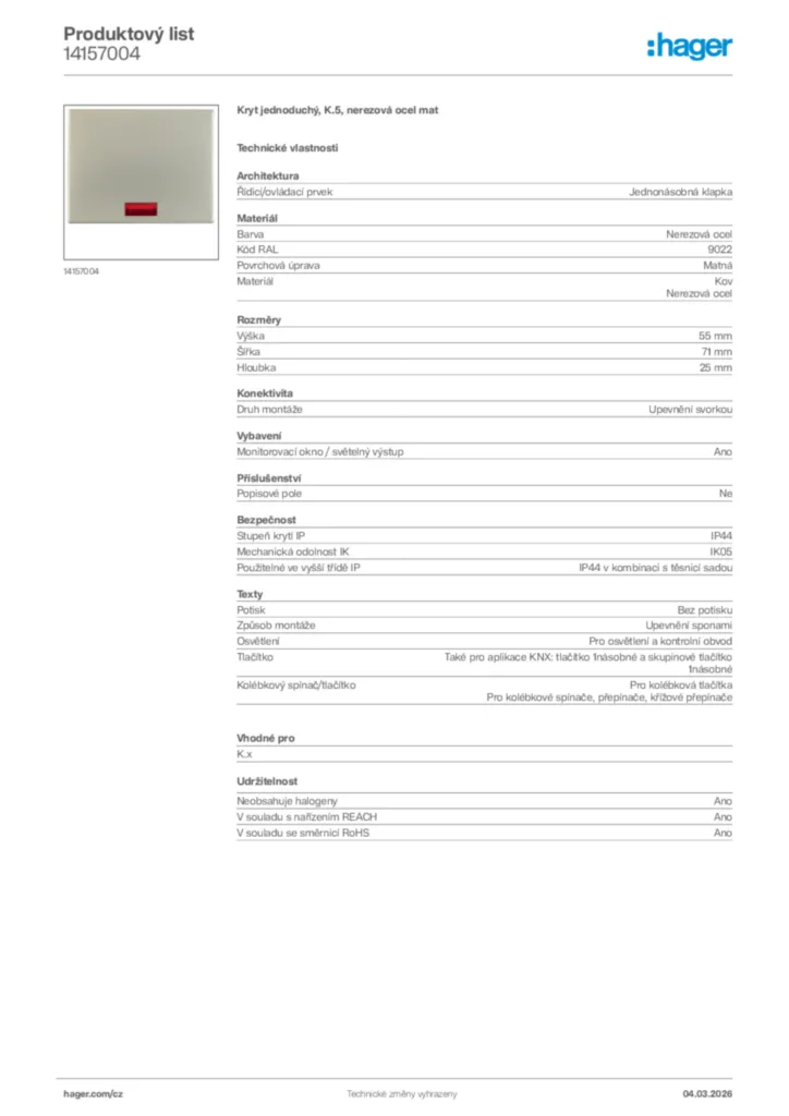 Obrázek Hager Product data sheet 14157004 | Hager