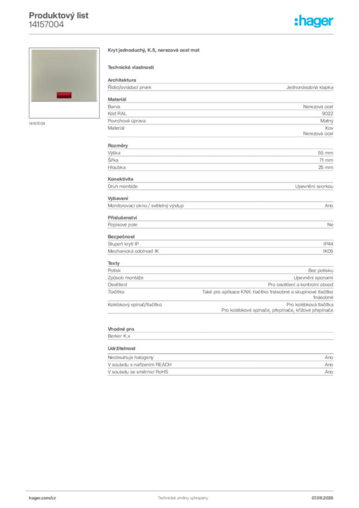 Obrázek Hager Produktový list 14157004 | Hager