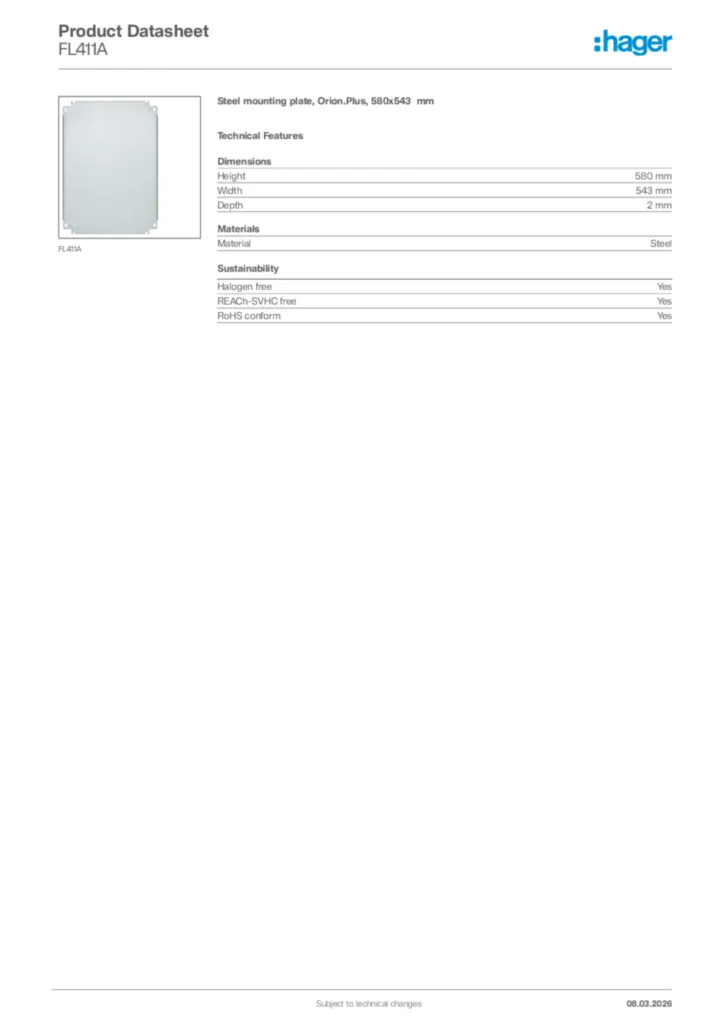 Image Hager Product data sheet FL411A  | Hager Africa