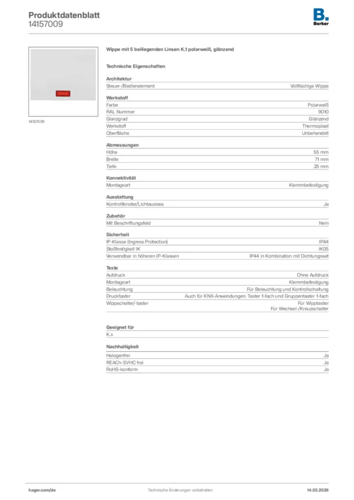 Bild Berker Produktdatenblatt 14157009 | Hager Deutschland