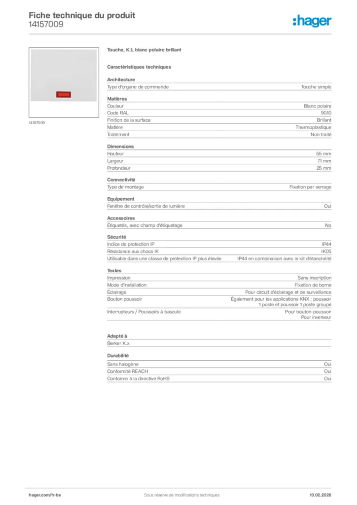 Image Hager Fiche technique du produit 14157009 | Hager Belgique