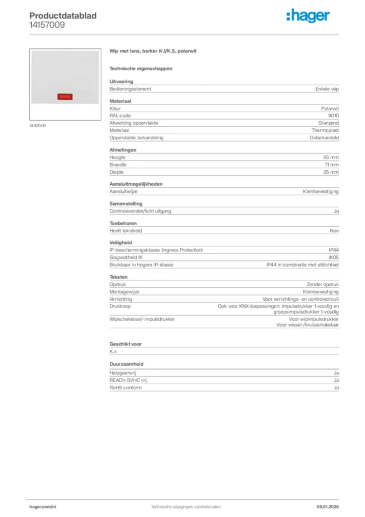 Afbeelding Hager Productdatablad 14157009 | Hager Nederland