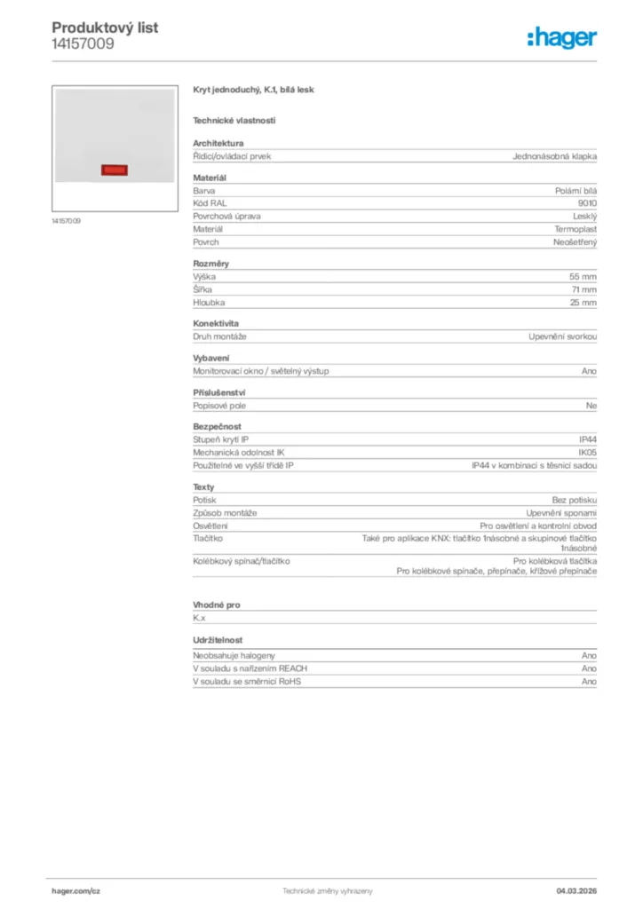 Obrázek Hager Product data sheet 14157009 | Hager