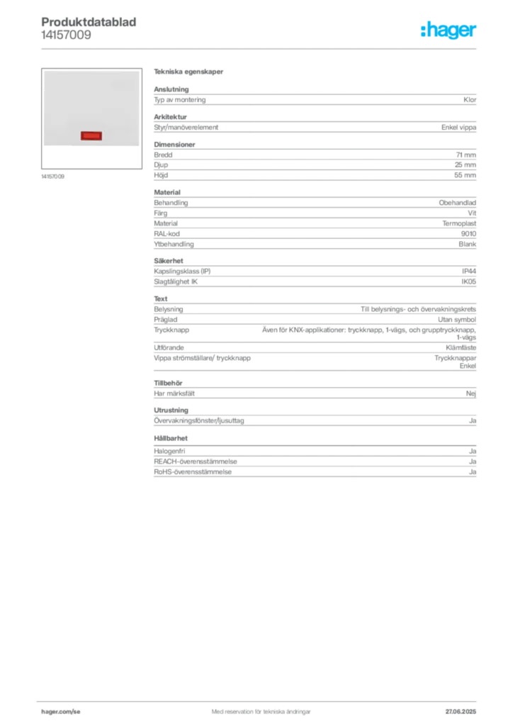 Bild Hager Produktdatablad 14157009 | Hager Sverige