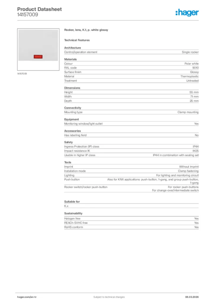 Image Hager Product data sheet 14157009  | Hager