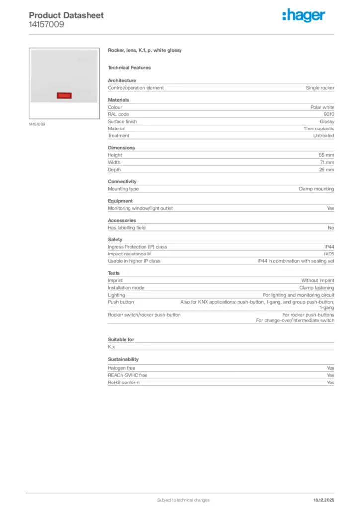 Image Hager Product data sheet 14157009  | Hager
