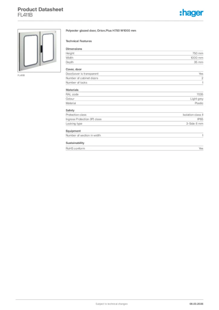 Image Hager Product data sheet FL411B  | Hager Africa