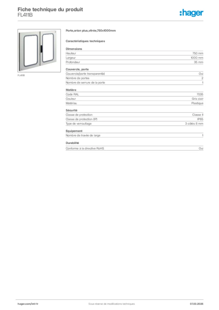Image Hager Fiche technique du produit FL411B | Hager Afrique