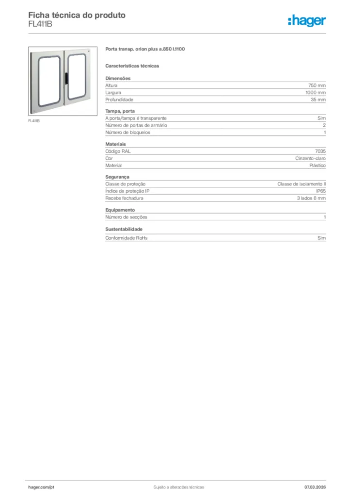 Imagem Hager Ficha técnica do produto FL411B | Hager Portugal