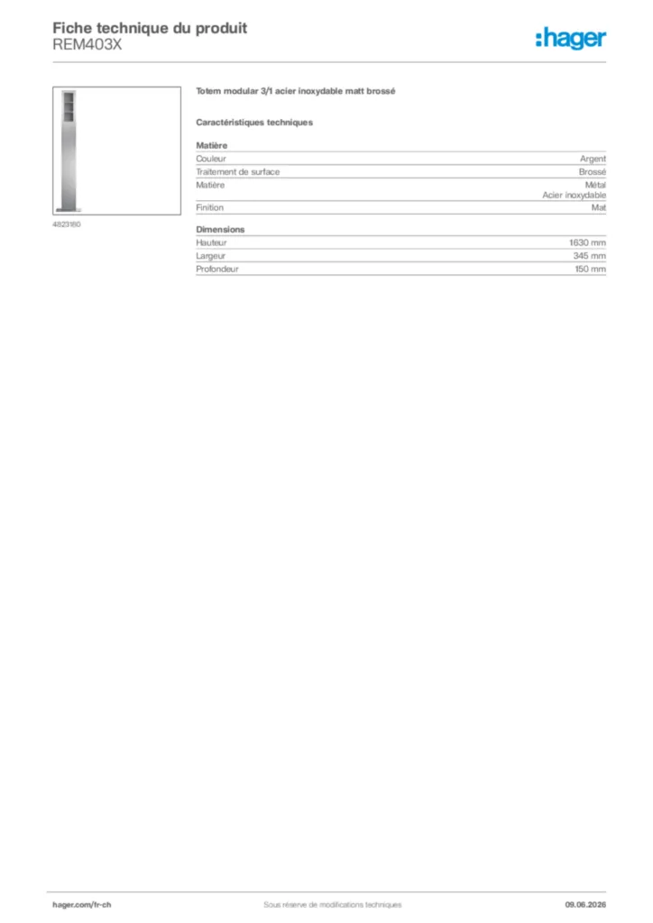 Image Hager Fiche technique du produit REM403X | Hager Suisse