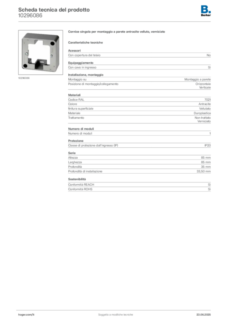 Immagine Berker Scheda tecnica del prodotto 10296086 | Hager Italia