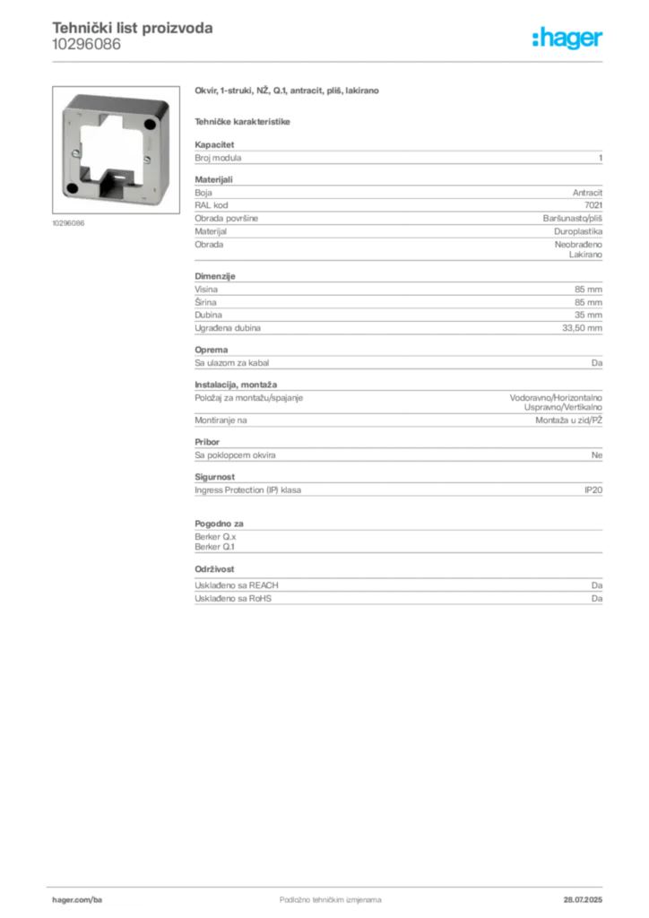 Slika Hager Product data sheet 10296086  | Hager