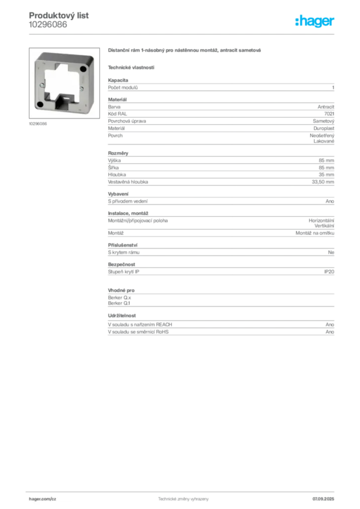 Obrázek Hager Produktový list 10296086 | Hager