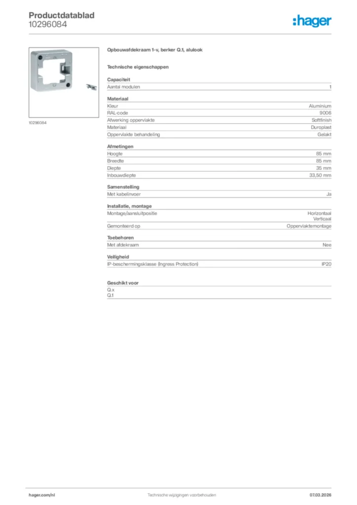 Afbeelding Hager Productdatablad 10296084 | Hager Nederland