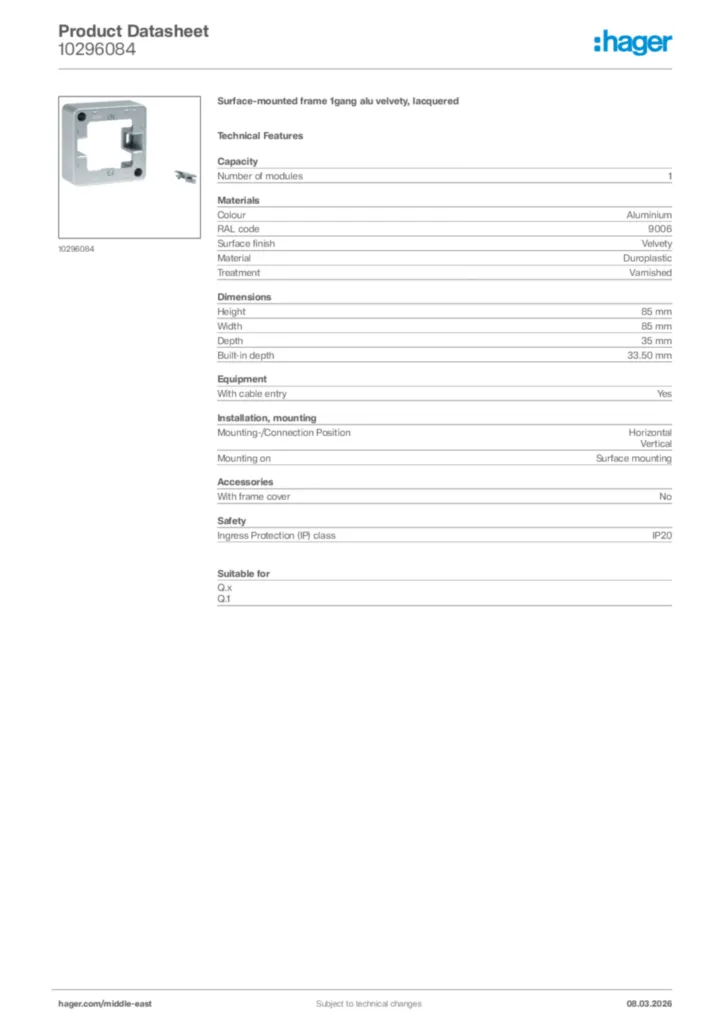 Image Hager Product data sheet 10296084  | Hager